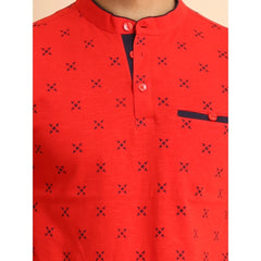 Generic Men's Casual Cotton Printed Mandarin Collar Half Sleeve T-Shirt (Red)