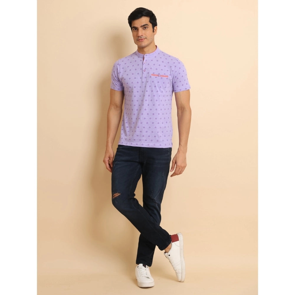 Generic Men's Casual Cotton Printed Mandarin Collar Half Sleeve T-Shirt (Lavender)