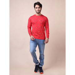 Generic Men's Casual Cotton Printed Round Neck Full Sleeve T-Shirt (Red)