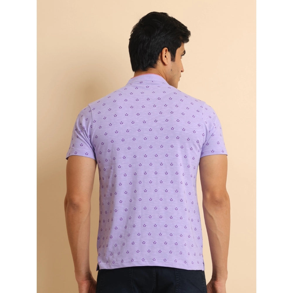 Generic Men's Casual Cotton Printed Mandarin Collar Half Sleeve T-Shirt (Lavender)