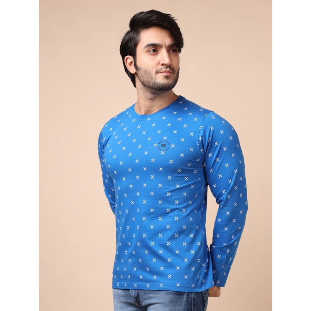 Generic Men's Casual Cotton Printed Round Neck Full Sleeve T-Shirt (Blue)