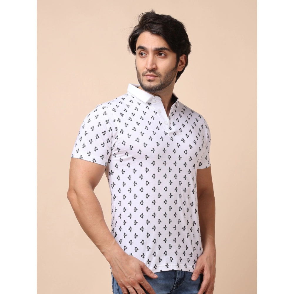 Generic Men's Casual Cotton Printed Polo Neck Half Sleeve T-Shirt (White)