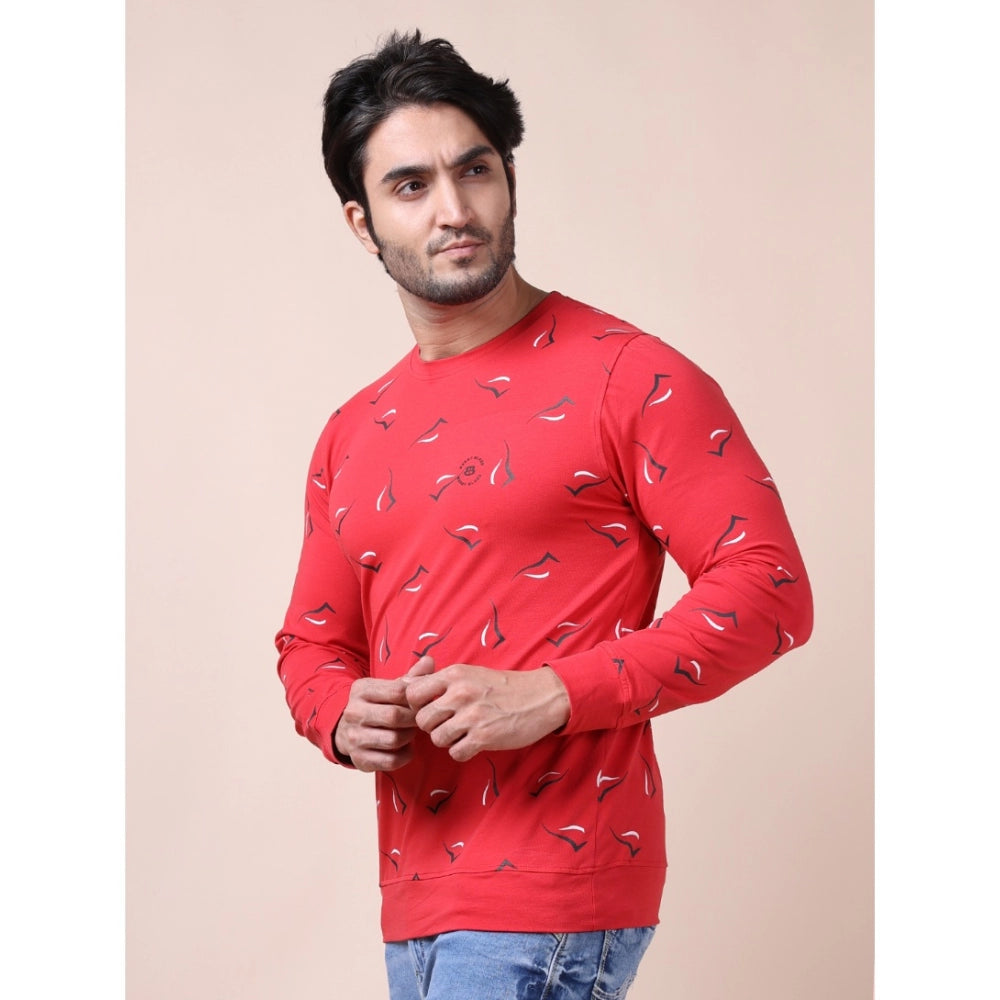 Generic Men's Casual Cotton Printed Round Neck Full Sleeve T-Shirt (Red)