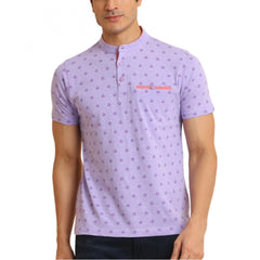 Generic Men's Casual Cotton Printed Mandarin Collar Half Sleeve T-Shirt (Lavender)