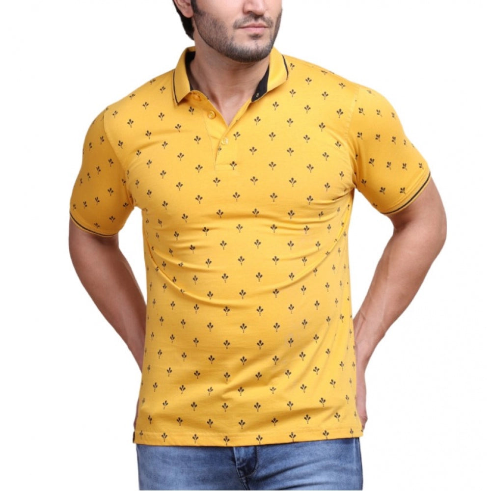 Generic Men's Casual Cotton Printed Polo Neck Half Sleeve T-Shirt (Mustard)