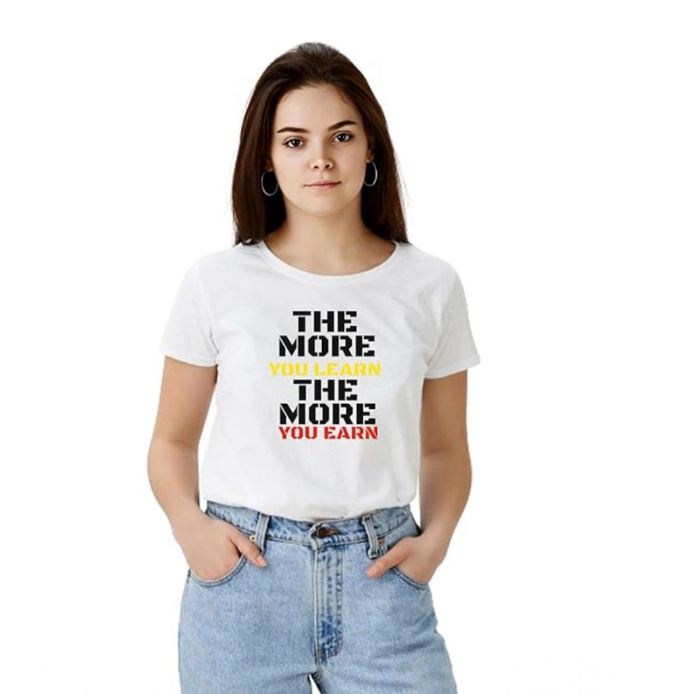 जेनरिक महिलाओं की पॉलिएस्टर सॉलिड प्रिंटेड राउंड नेक हाफ स्लीव टी-शर्ट (सफेद)