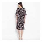 Generic Women's Polyester Floral Short Sleeve Knee-Length Dress (Black - Multicolor)