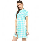 Generic Women's Rayon Checkered Short Sleeve Above Knee Dress (SkuBlue - White)