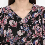 Generic Women's Polyester Floral Short Sleeve Knee-Length Dress (Black - Multicolor)