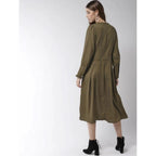 Generic Women's Polyester Pintuck Long Sleeves Below Knee Dress (Olive)