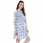 Generic Women's Cotton Checkered Roll Up Sleeve Above Knee Dress (Blue)