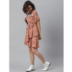 Generic Women's Polyester Polka Bell Sleeve Above Knee Dress (Brown)