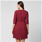 Generic Women's Cotton Solid 3-4th Sleeves Above Knee Dress (Maroon)
