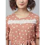 Generic Women's Polyester Polka Bell Sleeve Above Knee Dress (Brown)