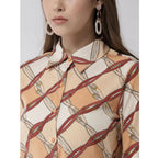 Generic Women's Polyester Printed Roll Up Sleeve Above Knee Dress (Off White - Brown)
