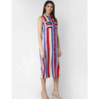 Generic Women's Polyester Striped Sleeveless Calf-length Dress (Multicolor)