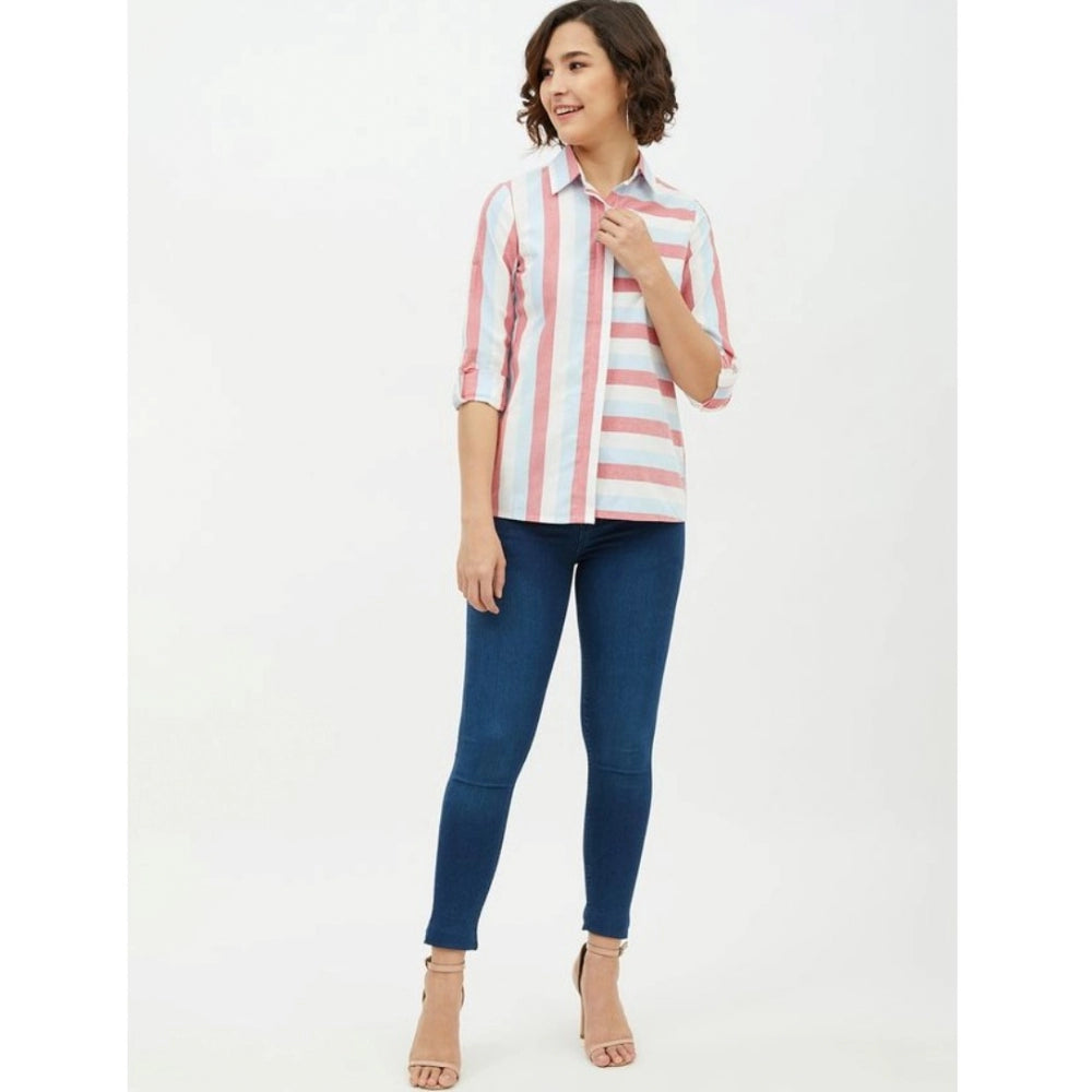 Generic Women's Cotton Striped Long Sleeves Standard Length Shirt (Pink)