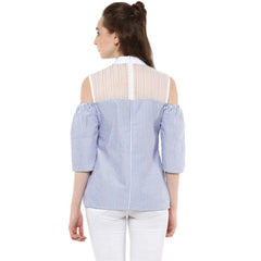 जेनरिक महिलाओं का कॉटन धारीदार कोल्ड शोल्डर टॉप (नीला)