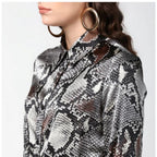Generic Women's Satin Animal Print Long Sleeves Standard Length Shirt (Black - Grey)