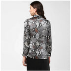 Generic Women's Satin Animal Print Long Sleeves Standard Length Shirt (Black - Grey)