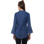 Generic Women's Denim Solid Bell Sleeve Regular Top (Blue Denim)