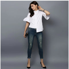 महिलाओं के लिए कॉटन का सॉलिड बेल स्लीव टॉप (सफेद)