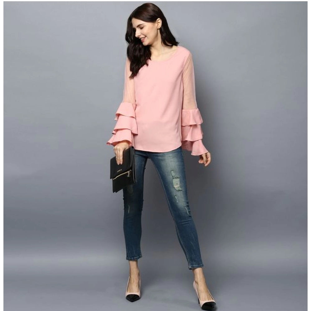 महिलाओं के लिए सामान्य पॉलिएस्टर सॉलिड टियर स्लीव टॉप (गुलाबी)