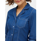 Generic Women's Denim Solid Long Sleeves Above Knee Dress (Blue)