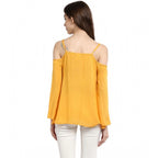 Generic Women's Rayon Embellished Cold Shoulder Regular Top (Mustard Yellow)