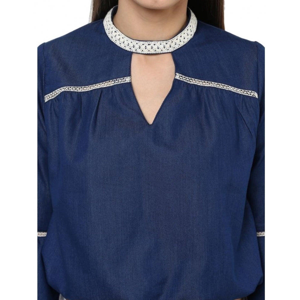 जेनरिक महिलाओं का पॉलिएस्टर सॉलिड बेल स्लीव रेगुलर टॉप (नीला)