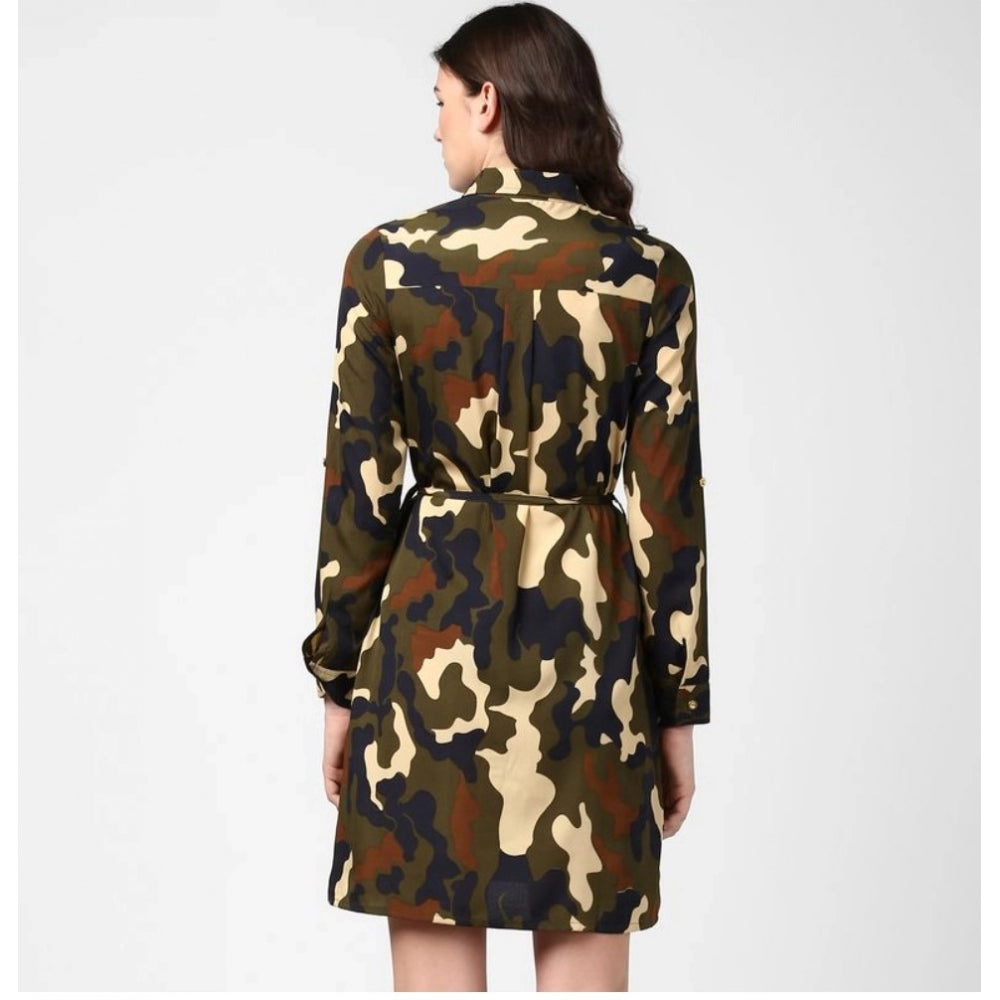 जेनरिक महिलाओं का पॉलिएस्टर प्रिंटेड रोल अप स्लीव ट्यूनिक टॉप (हरा - काला)