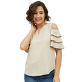  Women's Polyester Tiered Cold Shoulder Top (Beige)