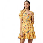 Generic Women's Polyester Floral Short Sleeve Above Knee Dress (Yellow)