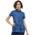  Women's Denim Peplum Short Sleeve Top (Blue)