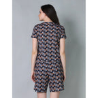 Generic Women's Cotton Blended Printed Round Neck Half Sleeve Top - Shorts Set (Blue-Brown)