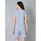 Generic Women's Cotton Blended Printed Round Neck Half Sleeve Top - Shorts Set (White-Black)