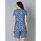 Generic Women's Cotton Blended Printed Round Neck Half Sleeve Top - Shorts Set (White-Blue)