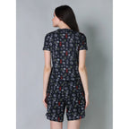 Generic Women's Cotton Blended Printed Round Neck Half Sleeve Top - Shorts Set (Black)