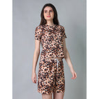 Generic Women's Cotton Blended Printed Round Neck Half Sleeve Top - Shorts Set (Peach)