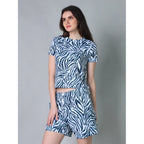 Generic Women's Cotton Blended Printed Round Neck Half Sleeve Top - Shorts Set (Blue)