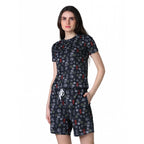 Generic Women's Cotton Blended Printed Round Neck Half Sleeve Top - Shorts Set (Black)