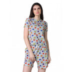 Generic Women's Cotton Blended Printed Round Neck Half Sleeve Top - Shorts Set (Grey)