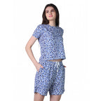 Generic Women's Cotton Blended Printed Round Neck Half Sleeve Top - Shorts Set (Blue)