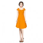 Generic Women's Polyester Solid V Neck Cap Sleeve off Shoulder Dress (Yellow)