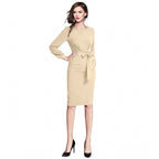 Generic Women's Knitting stretchable Solid Round Neck Full Sleeve Dress (Beige )