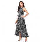 Generic Women's Polyester Zebra Pattern Halter Neck Sleeveless Dress (Navy Blue)