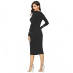 Generic Women's Knitting stretchable Solid Round Neck Full Sleeve Dress (Black)