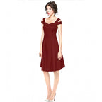 Generic Women's Polyester Solid V Neck Cap Sleeve off Shoulder Dress (Maroon)