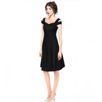 Generic Women's Polyester Solid V Neck Cap Sleeve off Shoulder Dress (Black)