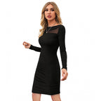 Generic Women's Knitting stretchable Solid Round Neck Full Sleeve Dress (Black)